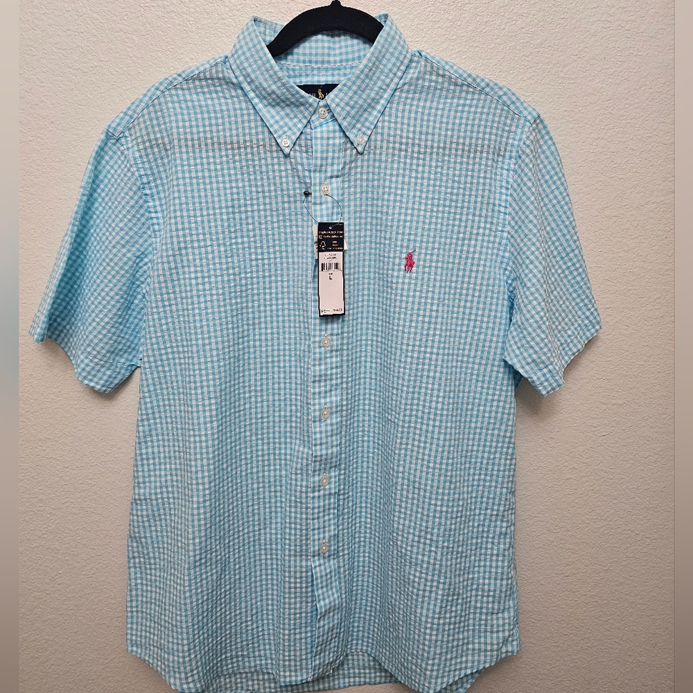 Polo Ralph Lauren Button Down T Shirt Aqua Blue Size Large